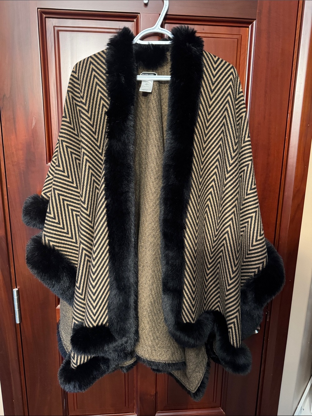Faux-Fur Trim Herringbone Poncho - Black and Tan
